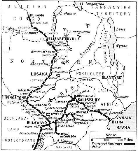 THE RAILWAYS SERVING RHODESIA are shown on this map