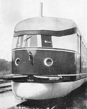 STREAMLINED FOR SPEED, the “Flying Hamburger” presents a remarkable appearance at the front end