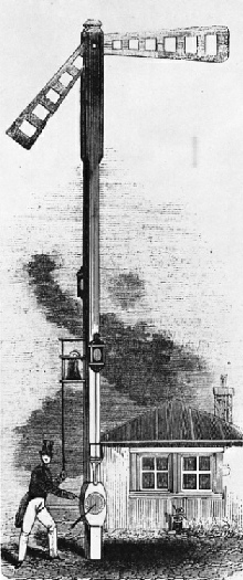 Station post signal of c.1844 set at caution and danger.