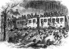 a train with American Civil war reinforcements running off the track