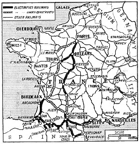 THE ELECTRIFIED ROUTES OF FRANCE are shown on this map