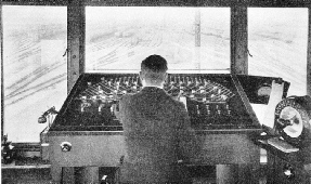 The operator at the control desk looks out over the down hump yard at Whitemoor.