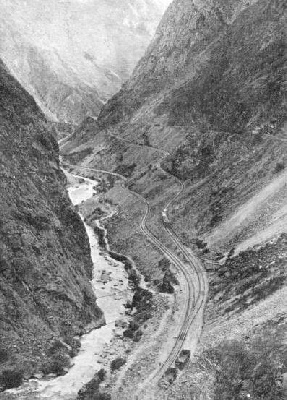 the Central Railway of Peru winds its way through the Rimac Gorge on the Callao-Oroya route