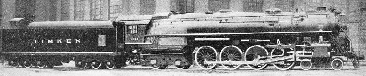 BUILT FOR PUBLICITY, this giant 4-8-4 locomotive was constructed to the order of the Timken Co