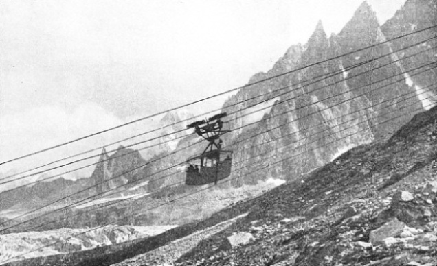 The suspension railway that climbs towards the summit of the Aiguille du Midi