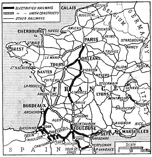 THE ELECTRIFIED ROUTES OF FRANCE are shown on this map