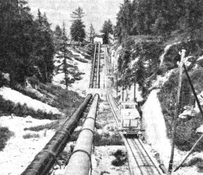 LOOKING DOWN THE PIPE-LINE which, with a maximum gradient of 87 per cent (about 1 in 1⅛), carries the water from the level of the Barberine Lake down into the power-station