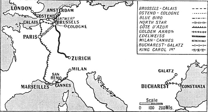 PULLMAN TRAINS operating daily in Europe are shown on this map