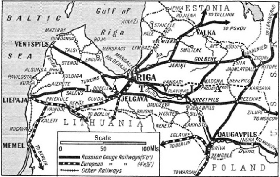 LATVIA’S MAIN LINES are shown on this map