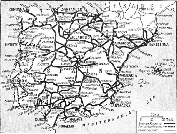 THE CHIEF ROUTES of the railways of Spain and Portugal are indicated on this map