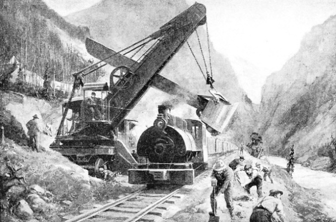 MEN AND MACHINES toiled unceasingly that the railway might bring civilization to the undeveloped interior of Canada