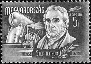 One of the air mail stamps issued by Hungary in 1948 depicting George Stephenson