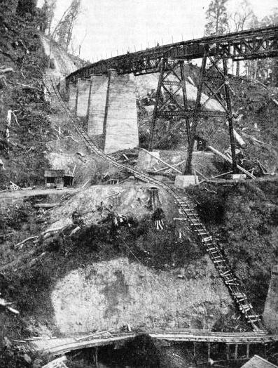 the Hapuawhenua viaduct, 222½ miles from Auckland, under construction