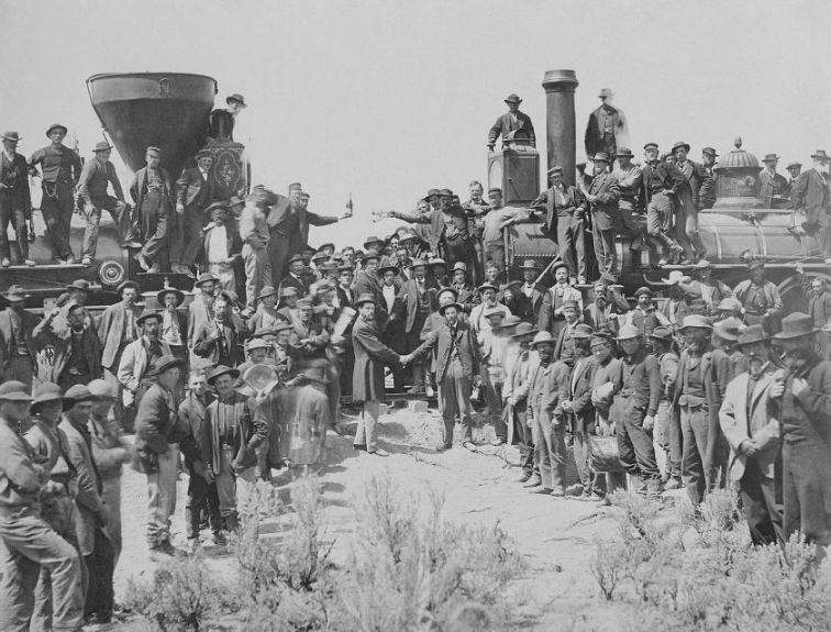 The celebration following the driving of the “Last Spike” at Promontory Summit, May 10, 1869
