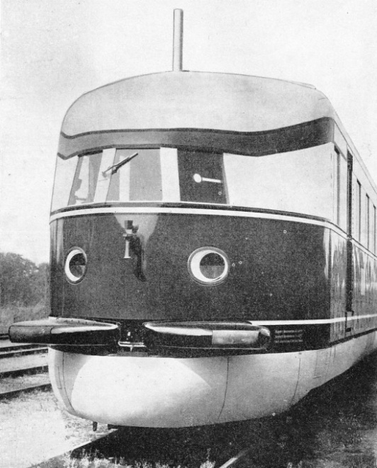 STREAMLINED FOR SPEED, the “Flying Hamburger” presents a remarkable appearance at the front end