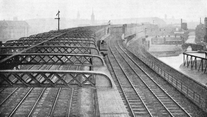 The high viaduct by which the Cheshire Lines tracks enter Manchester Central Station