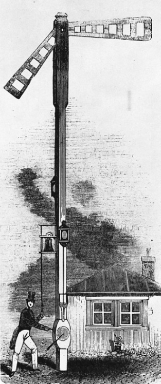 Station post signal of c.1844 set at caution and danger.