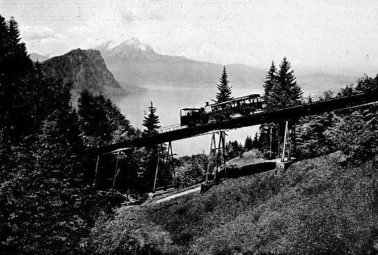 TRAIN CROSSING THE SCHNURTOBEL BRIDGE, Rigi Railway