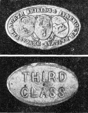 A metal ticket issued in 1843 by the Newcastle, North Shields and Tynemouth Railway