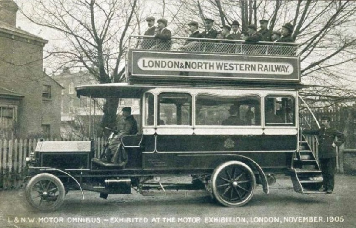 A LNWR motor bus exhibited at the London Motor Exhibition in 1905